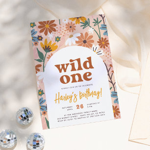 Wild One Retro Boho Wildflower 1st Birthday Party Invitation