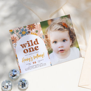 Wild One Retro Boho Wildflower 1st Birthday Photo Invitation