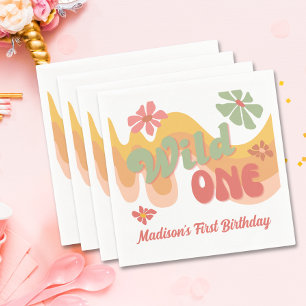 Wild One Retro Rainbow Daisy 1st Birthday Napkins