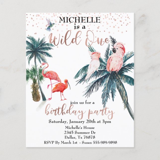 Wild One Rose Gold Tropical Birds Budget Flyer (Front)