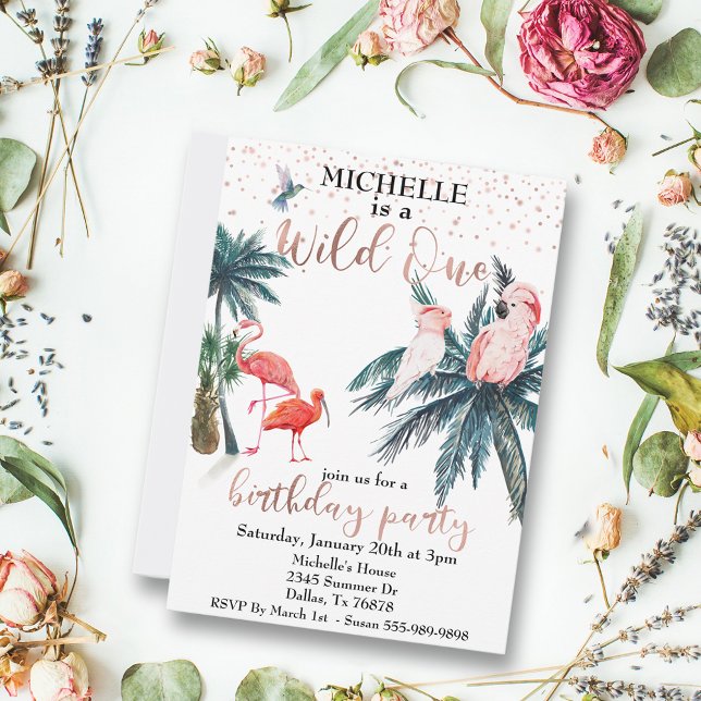 Wild One Rose Gold Tropical Birds Jungle Invitation (Creator Uploaded)