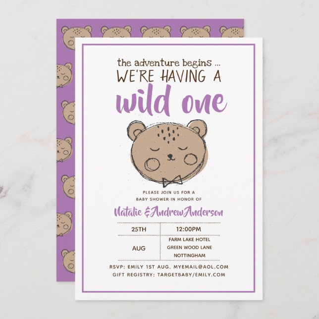 Wild One Rustic Bear The Adventure Begins Yellow Invitation (Front/Back)