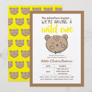 Wild One Rustic Bear The Adventure Begins Yellow Invitation