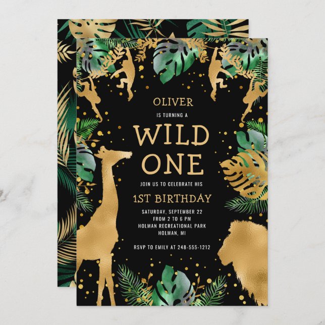 Wild One Safari 1st Birthday Black Green Gold Invitation (Front/Back)