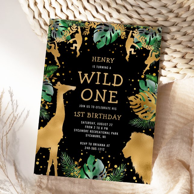 Wild One Safari 1st Birthday Black Green Gold Invitation (Creator Uploaded)