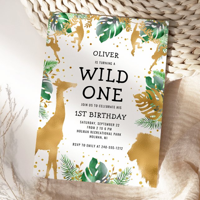 Wild One Safari 1st Birthday Green Gold Black Invitation (Creator Uploaded)