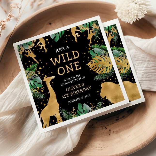 Wild One Safari 1st Birthday Party Green Black Napkin (Creator Uploaded)