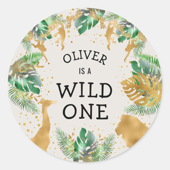 Wild One Safari 1st Birthday Party Green Gold Ecru Classic Round Sticker (Front)