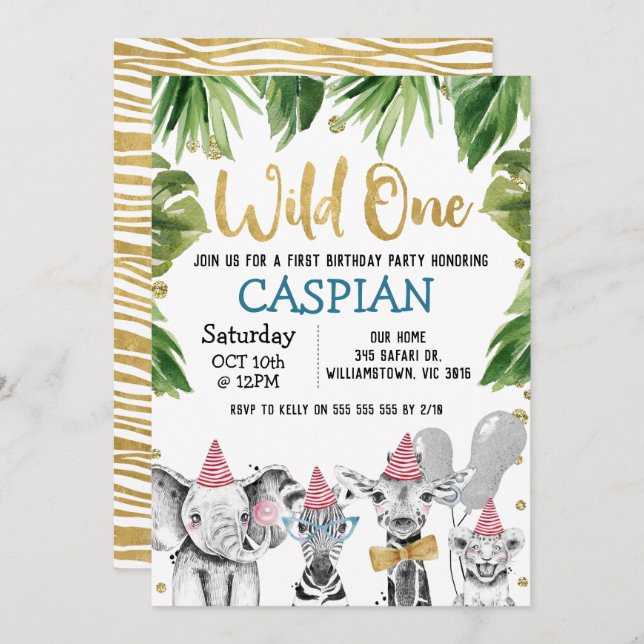 Wild One Safari 1st Birthday Party Invitation (Front/Back)