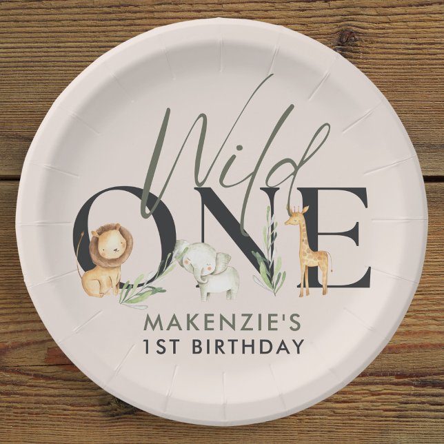 Wild One Safari 1st Birthday Party Paper Plate (A paper plate with "Wild One" text, safari animals, and "Makenzie's 1st Birthday" inscription)