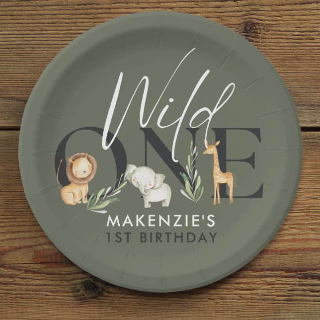 Wild One Safari 1st Birthday Party Paper Plate (Safari-themed 'Wild One' 1st birthday plate with a lion, elephant, and giraffe illustrations.)