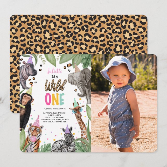 Wild One Safari 1st Birthday Photo Invitation (Front/Back)