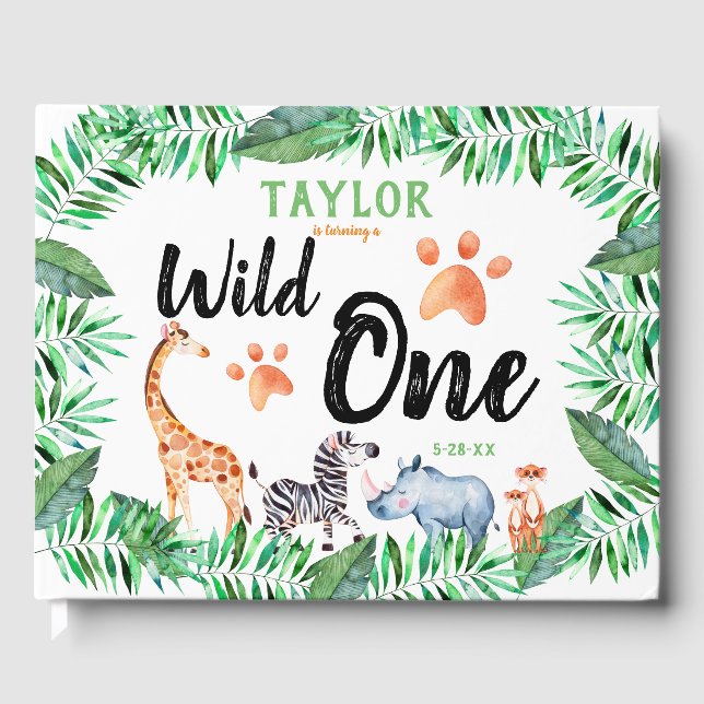 Wild One Safari Animal 1st Birthday Party Guest Book (Front)