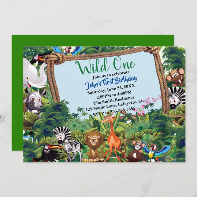 Wild One Safari Animal Birthday Party Invitation (Front/Back)