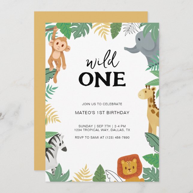 Wild One Safari Animal First Birthday Party Invitation (Front/Back)