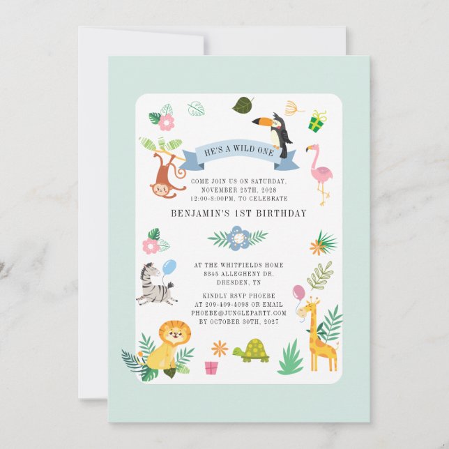 Wild One Safari Animal Gender Neutral 1st Birthday Invitation (Front)