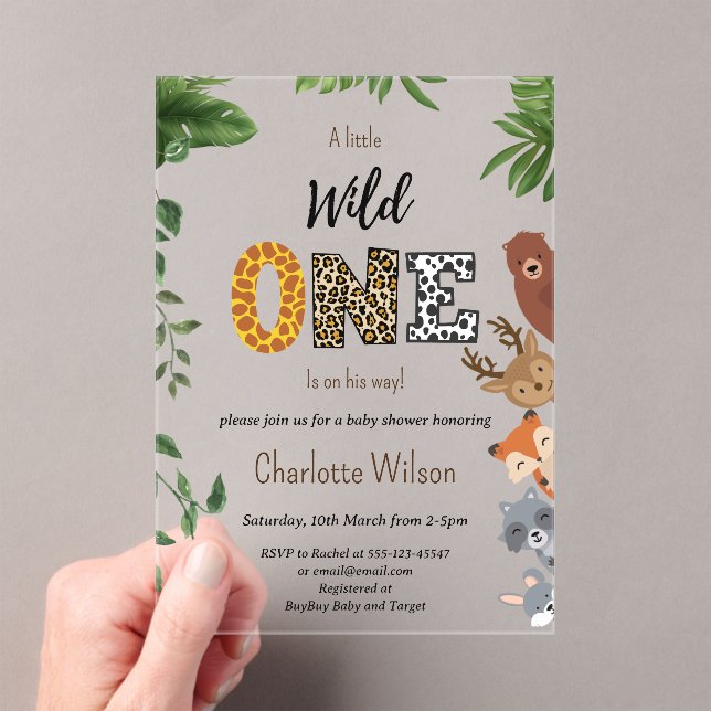 Wild One Safari animal greenery baby shower Acrylic Invitations (Insitu (Handheld))