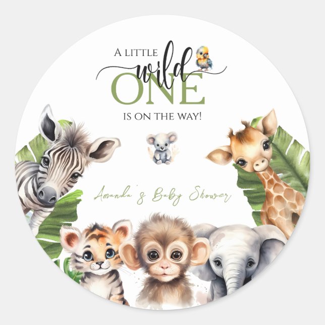 Wild One Safari Animal Jungle Baby Shower Classic Round Sticker (Front)