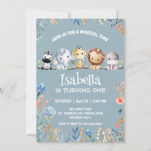 Wild one safari animal jungle Floral Birthday name Invitation