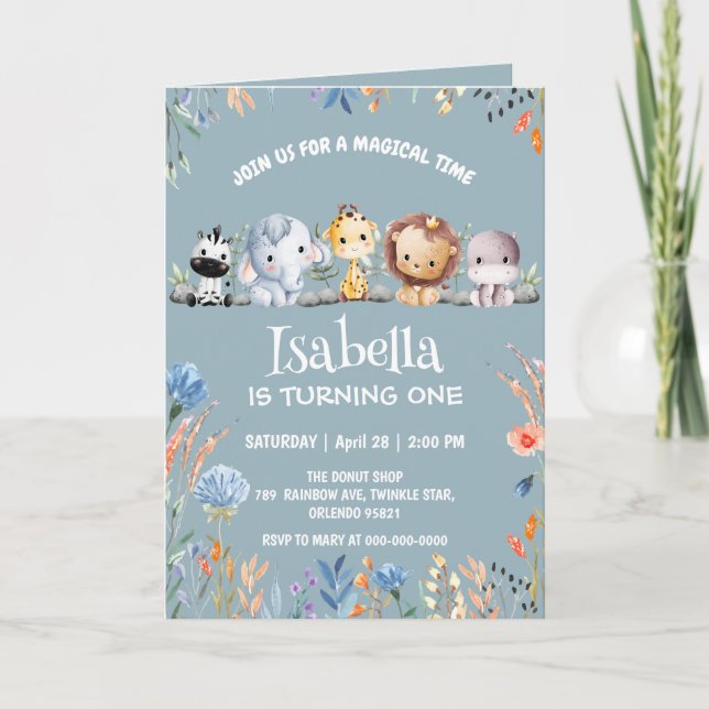 Wild one safari animal jungle Floral Birthday name Invitation (Front)