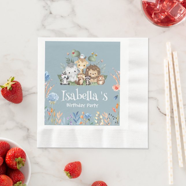 Wild one safari animal jungle Floral Birthday name Napkin (Insitu)