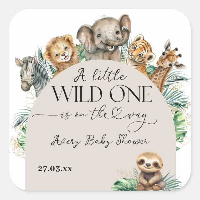 Wild One Safari Animal Jungle Modern Baby Shower Square Sticker (Front)