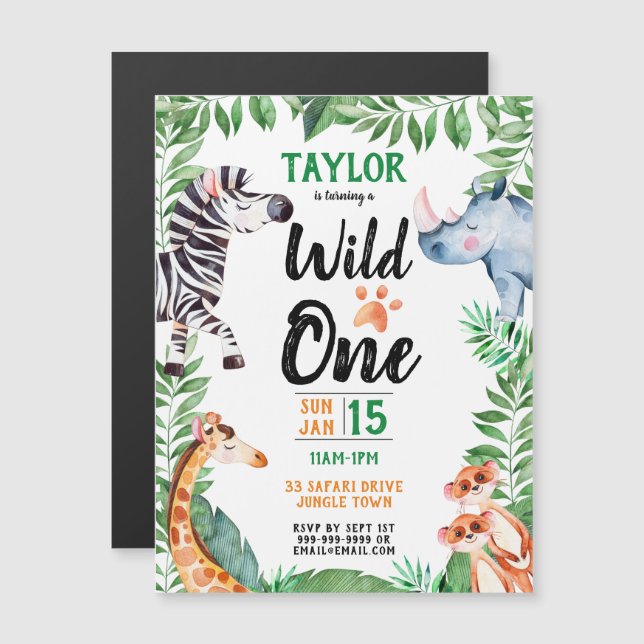 Wild One Safari Animal Kids 1st Birthday Party Magnetic Invitation (Front/Back)