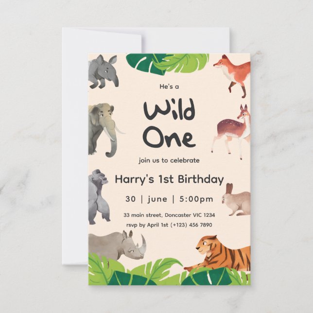 Wild One Safari Animals 1st Baby Boy Birthday Invitation (Front)