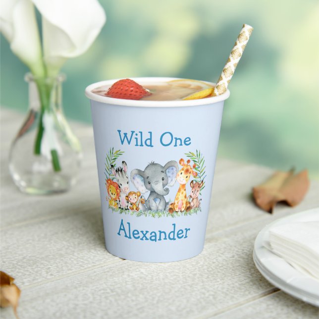Wild One Safari Animals 1st Birthday Blue Paper Cups (Insitu)