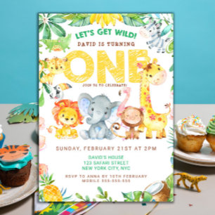 Wild One Safari Animals 1st Birthday Boys  Invitation