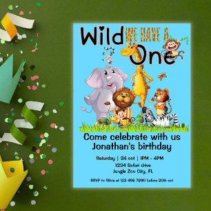 Wild One Safari Animals 1st Birthday cartoon Invitation