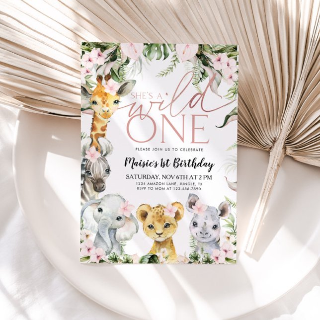 Wild One Safari Animals 1st Birthday Girl Invitati Invitation (Creator Uploaded)