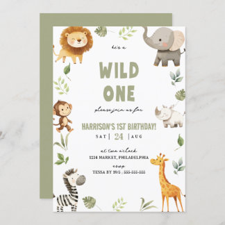 Wild One Safari Animals 1st Birthday Invitation