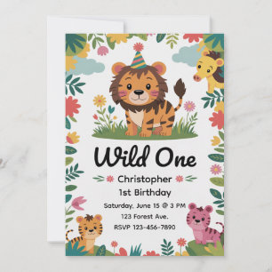 Wild One Safari Animals 1st Birthday Jungle Invitation