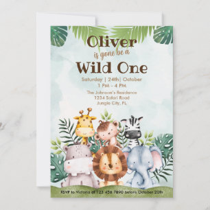 Wild One Safari Animals 1st Birthday Watercolor Invitation