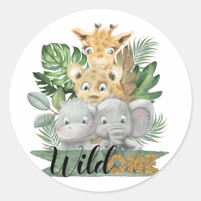 Wild one safari animals and tropical leaves  classic round sticker (Front)