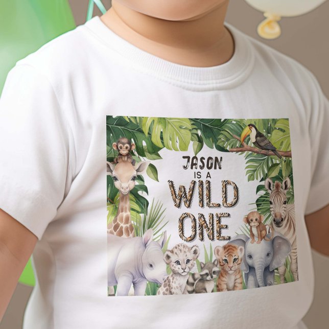 Wild One Safari Animals Baby Boy 1st birthday Baby T-Shirt (Wild one, boy 1st birthday Safari animals themed birthday t-shirt.)