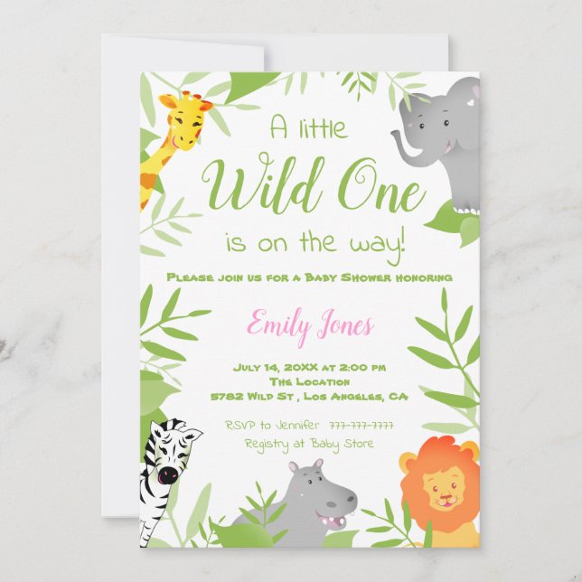 Wild One Safari Animals Baby Shower Girl Invitation (Front)