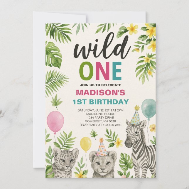 Wild One Safari Animals Birthday Invitation (Front)