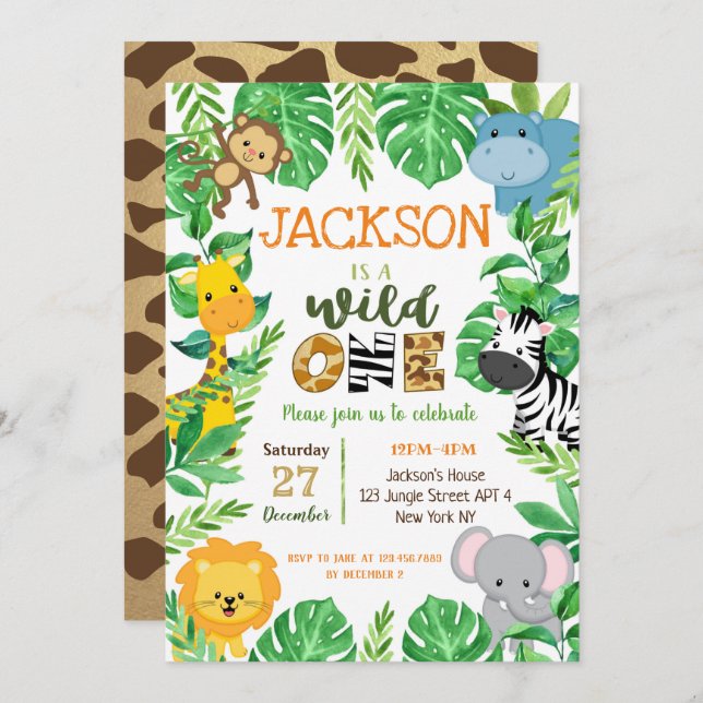 Wild One Safari Animals Birthday Invitations (Front/Back)