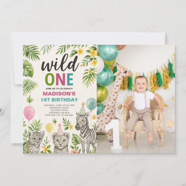 Wild One Safari Animals Birthday Photo Invitation (Front)