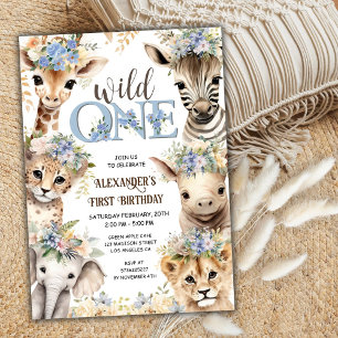 Wild One Safari Animals   Boy 1st Birthday Invitation