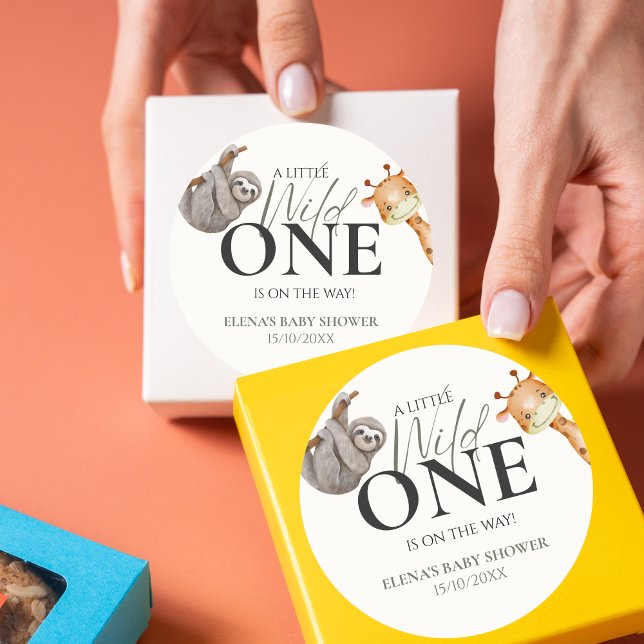 Wild One Safari Animals Boy Baby Shower Classic Round Sticker (Little Wild One - Baby Shower Stickers)