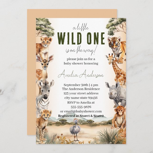 Wild One Safari Animals Boy Baby Shower Invitation (Front/Back)