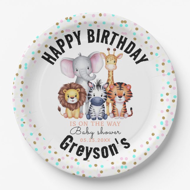 Wild One Safari Animals Boy Baby Shower  Paper Plate (Front)