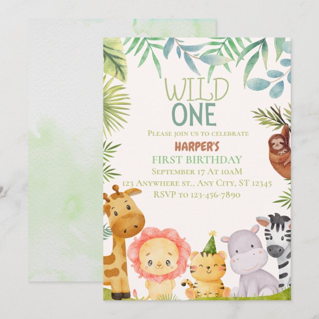 Wild One Safari Animals Boy Birthday Party Invitat Invitation (Front/Back)
