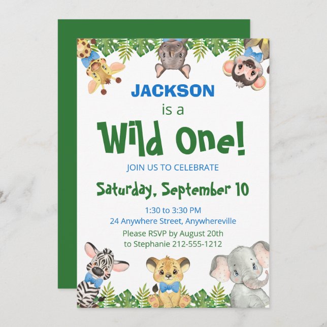 Wild One Safari Animals Boy First Birthday  Invita Invitation (Front/Back)