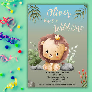 Wild One  Safari Animals Cute Lion 1st Birthday  Invitation