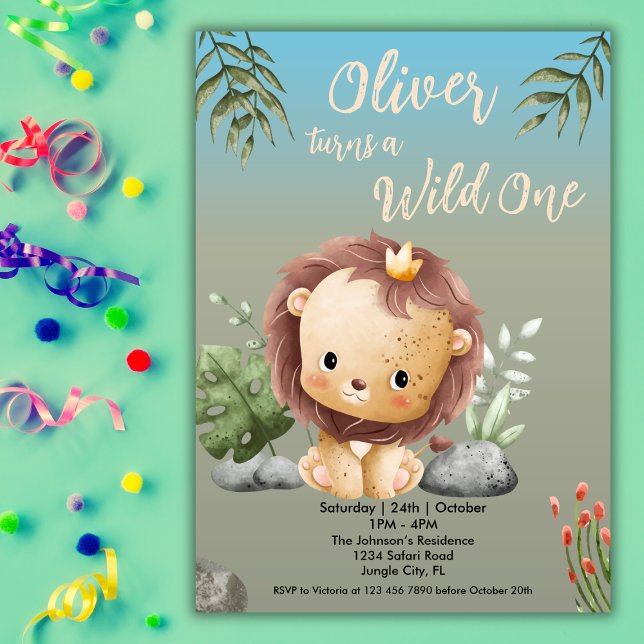 Wild One  Safari Animals Cute Lion 1st Birthday  Invitation (Creator Uploaded)