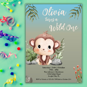 Wild One Safari Animals Cute Monkey 1st Birthday Invitation